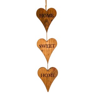 Wooden home sweet home hearts, engraved hearts, 3 wooden hearts, hanging hearts, heart decoration, housewarming hearts, hearts for the home