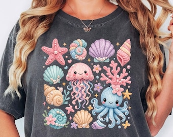 Comfort Colors® Sea Life Kawaii Shirt, Jellyfish Octopus Shirt, Beach Shirt, Summer Shirt, Vacation Tee, Print Only — Not a Crochet