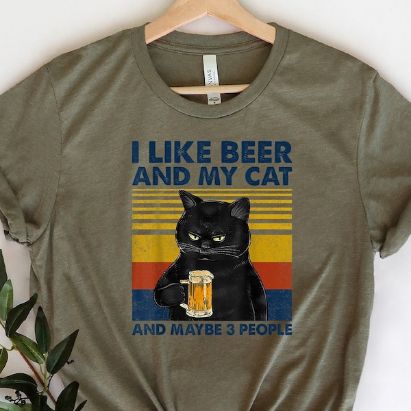 I Like Beer And My Cat Shirt, Cat T-Shirt, Cat Owner Gifts, Retro Cat Tee, Cute Cat Lover T-Shirts, Drinking Beer Shirt, Drink Lover Tees