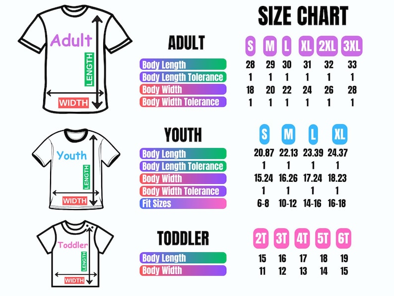 a t - shirt size chart for a child's body length chart