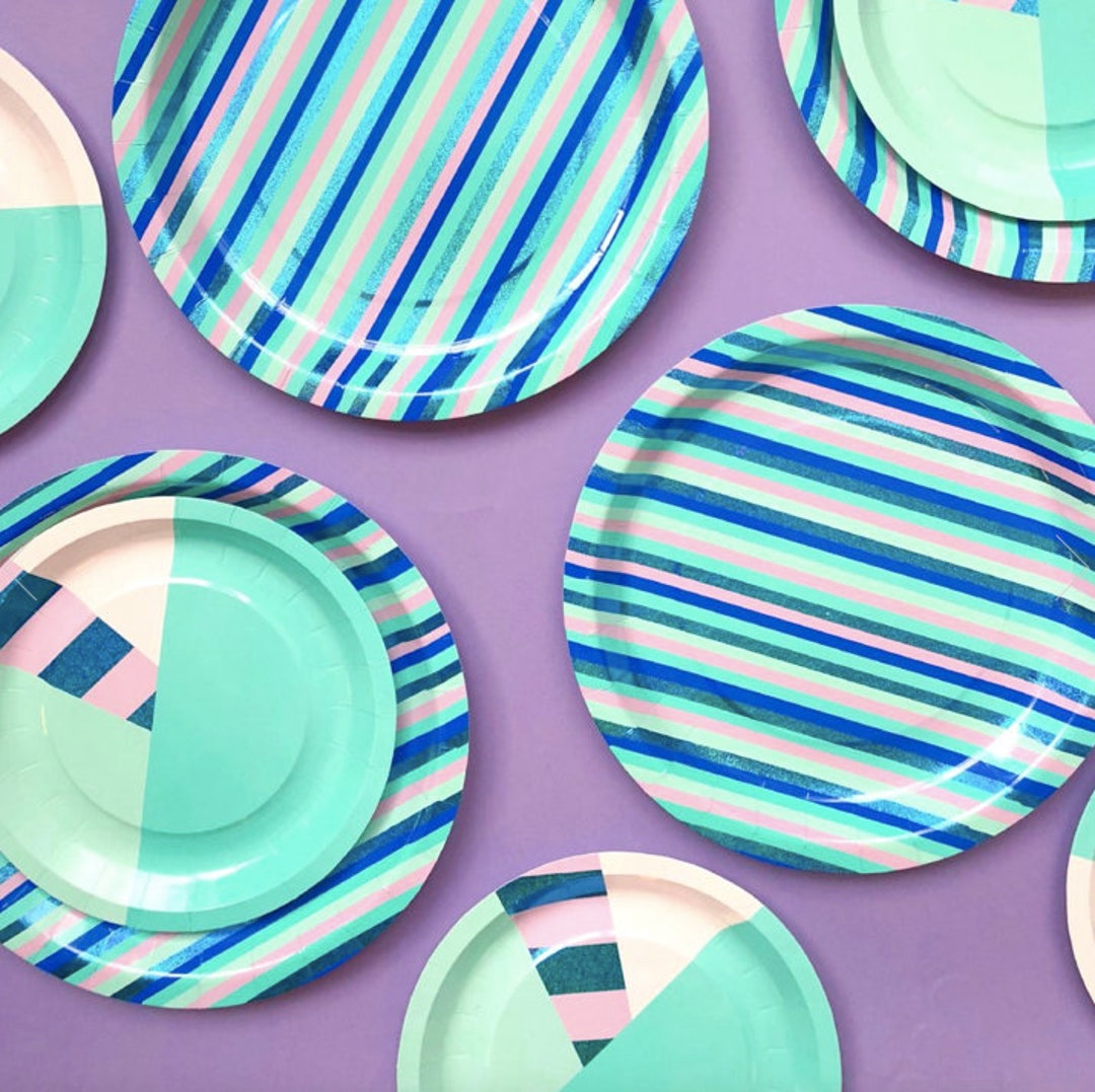 blue-stripe-plates-retro-birthday-plates-etsy
