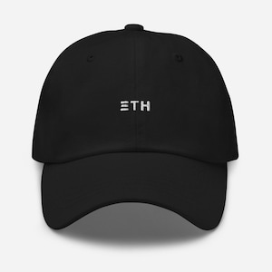 May include: A black baseball cap with a white embroidered logo that says "ETH".