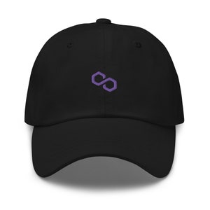 May include: A black dad hat with a purple infinity symbol embroidered on the front.