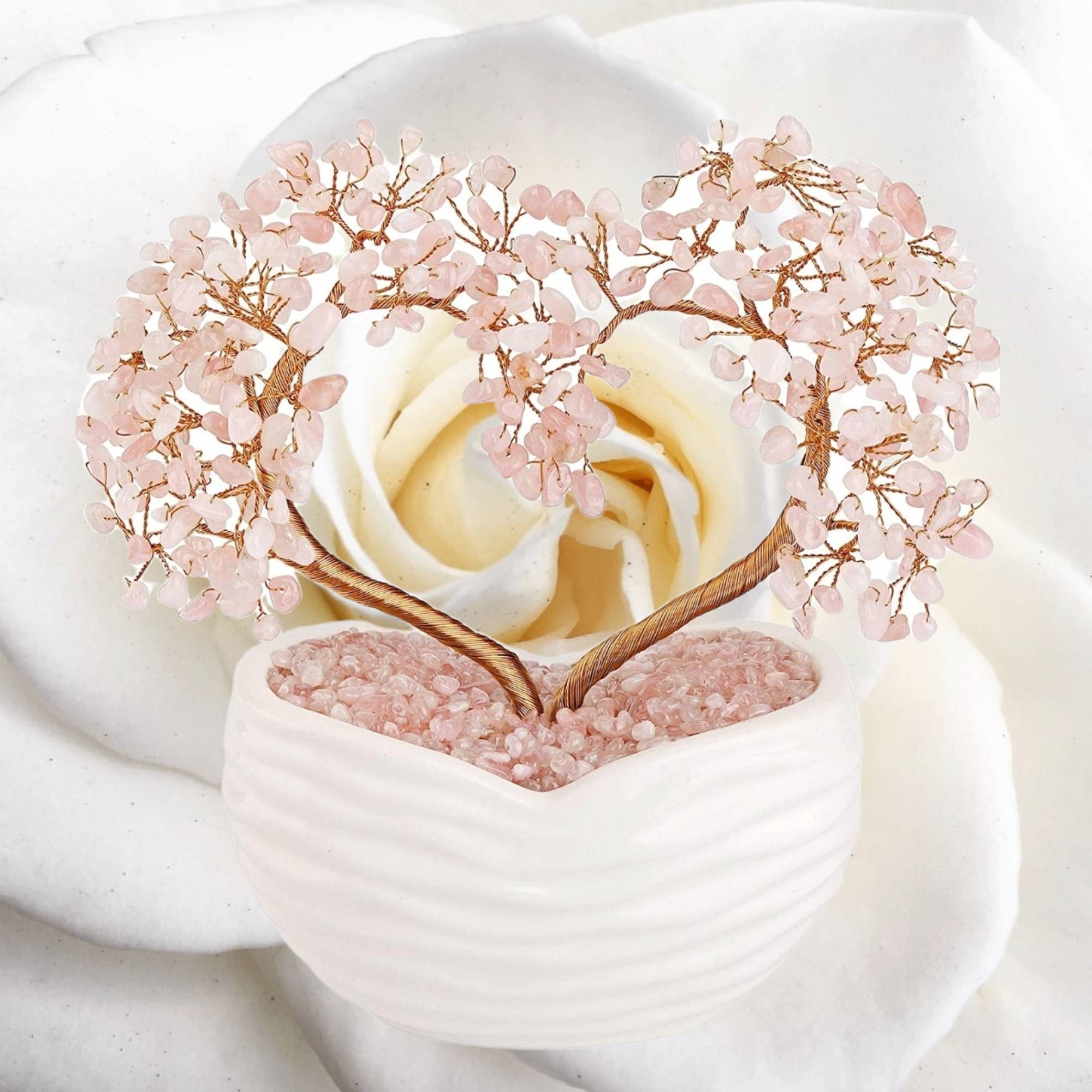 Arbre de Vie Cœur en Quartz Rose avec Vase Céramique, Hauteur Env 21 cm