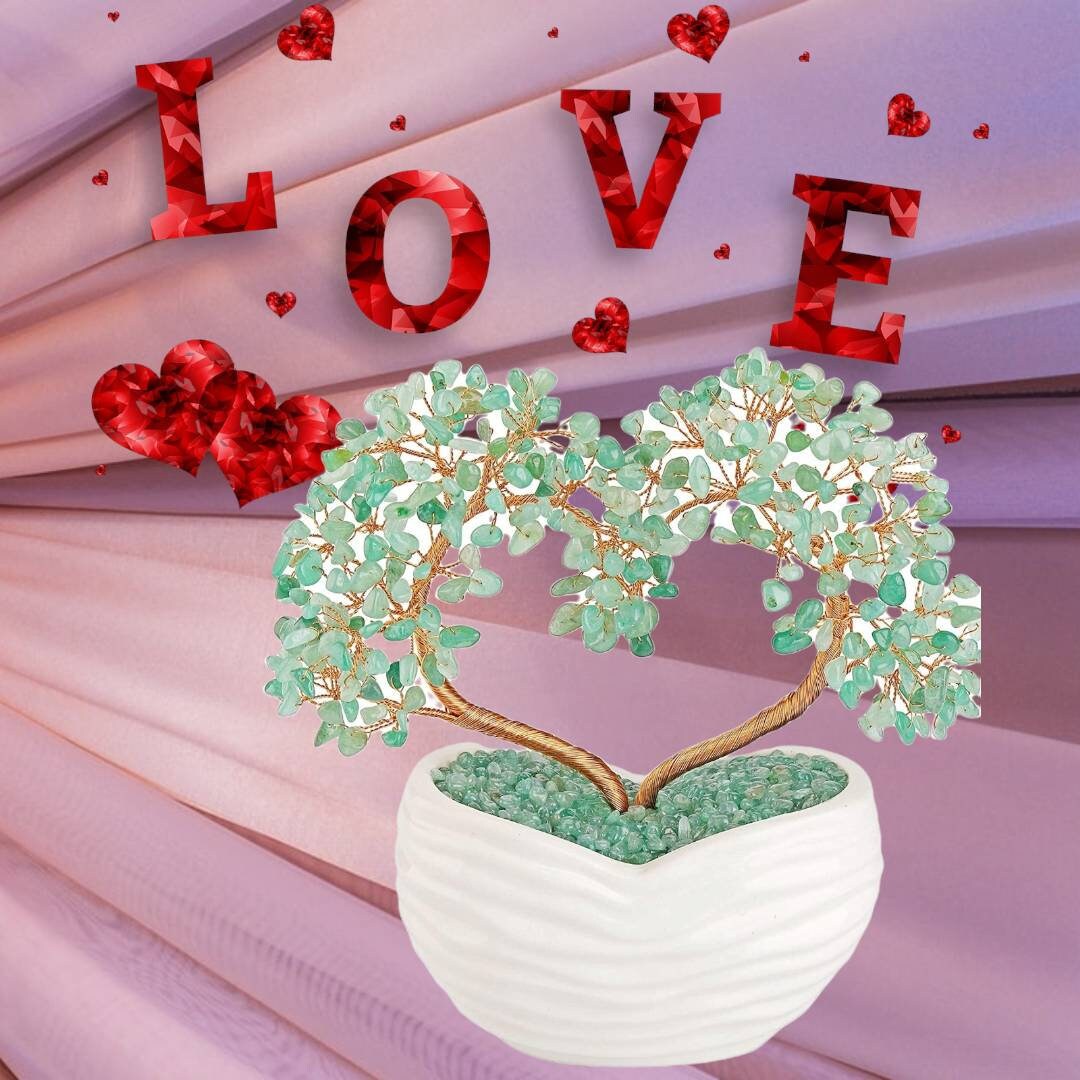 Arbre de Vie Cœur en Aventurine avec Vase Céramique, Hauteur Env 21 cm