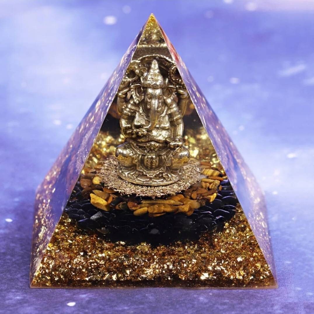 Pyramide Orgonite avec Statue Ganesh en Cuivre, Œil de Tigre, Obsidienne, Énergie, Chakra Guérison, 