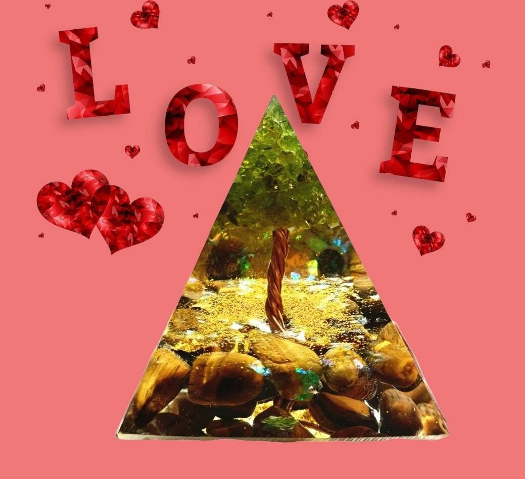 Pyramide Orgonite Arbre de Vie, en Péridot et Œil Tigre, Env 6 cm