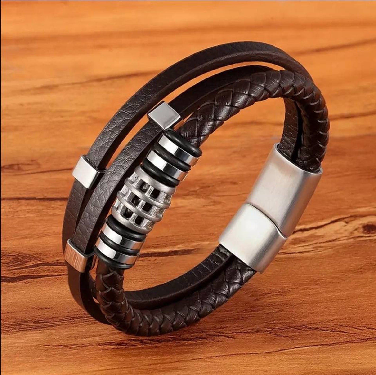 thumbnail image 2 of Jewbelet Mens Leather Bracelet With Clasp Cowhide Multi-Layer Braided Leather Mens Bracelet (Black 2 of 9