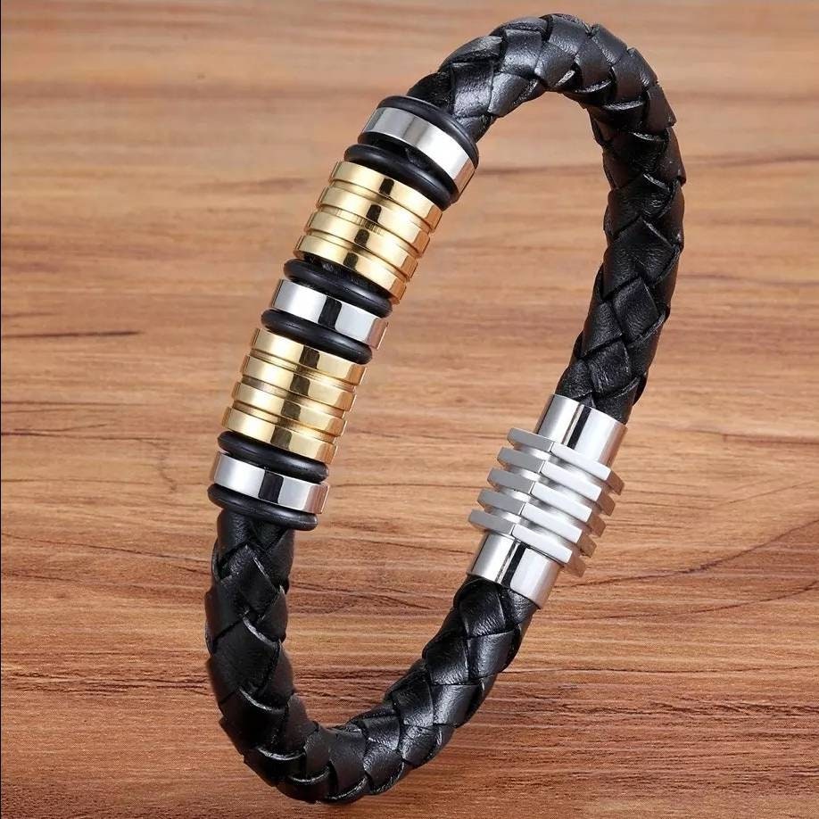 Men's leather and stainless steel bracelet Etsy