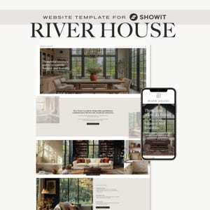 May include: A website template for Showit, branded as "River House." The design highlights interior design concepts with the text "Thoughtful interiors rooted in warmth, balance, and livability." A smartphone displays the website design.