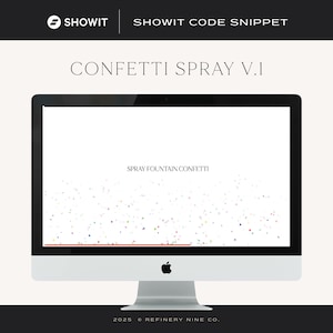Puede incluir: Un ordenador de sobremesa muestra el texto "CONFETTI SPRAY V.1" y "SPRAY FOUNTAIN CONFETTI". La pantalla muestra un diseño de confeti sobre un fondo claro. El ordenador tiene una base plateada y un marco de pantalla negro.
