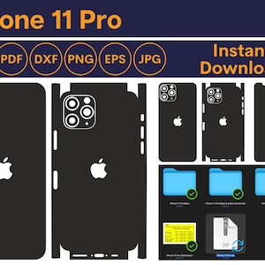 May include: A digital download of iPhone 11 Pro phone case design templates in SVG, PDF, DXF, PNG, EPS, and JPG formats. The image shows a black phone case with a white Apple logo and camera cutout.