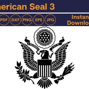 May include: Black and white silhouette of the Great Seal of the United States. The seal features an eagle with outstretched wings, holding an olive branch in one talon and arrows in the other. The eagle is perched on a shield with 13 stripes, and a banner above the eagle reads "E Pluribus Unum".