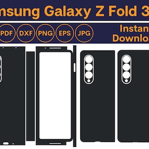 May include: A digital file download for a Samsung Galaxy Z Fold 3 5G phone skin. The image shows a black and white outline of the phone with a camera cutout on the back.