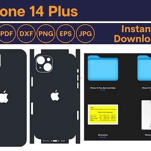 May include: A digital download of a black and white iPhone 14 Plus phone case design. The design includes a cutout for the camera and the Apple logo. The download includes SVG, PDF, DXF, PNG, EPS, and JPG files. The file size is 843 KB.