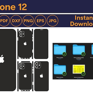 May include: A digital download of a black and white iPhone 12 phone template for creating phone skins. The template includes the back, front, and sides of the phone. The template is available in SVG, PDF, DXF, PNG, EPS, and JPG formats.