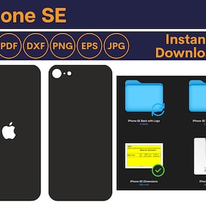 May include: Two black iPhone SE phone back mockups with a white Apple logo on the left mockup. The mockups are on a dark blue background with a folder icon for each mockup. The folder icons are blue and have a white arrow icon indicating a download. The text "iPhone SE Back with Logo" and "iPhone SE Back wo Logo" are below the folder icons. Below the mockups is a yellow note with text and a green checkmark. Below the note is the text "iPhone SE Dimensions". Below the mockups is a white zipper icon with the text "ZIP" and a white arrow icon indicating a download. Below the zipper icon is the text "iPhone SE zip".