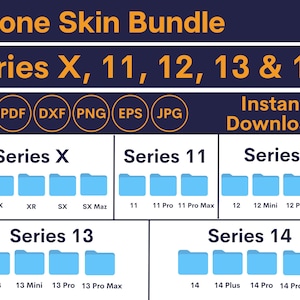 May include: A digital illustration of iPhone skin bundle designs for iPhone series X, 11, 12, 13, and 14. The image shows a blue folder icon for each phone model. The text "Instant Download" is displayed in orange.