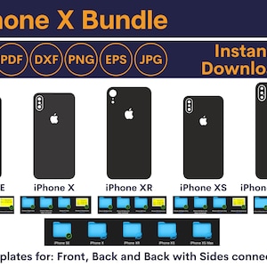 May include: A digital download bundle of iPhone X templates for creating phone cases. The bundle includes templates for the iPhone SE, iPhone X, iPhone XR, iPhone XS, and iPhone XS Max. The templates are for the front, back, and back with sides connected. The image shows the different phone models with the Apple logo on the back.
