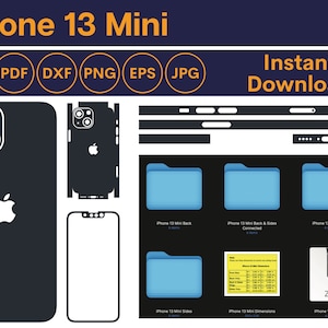 May include: A digital download of printable SVG, PDF, DXF, PNG, EPS, and JPG files for a phone case template for the iPhone 13 Mini. The template includes the back, sides, and front of the phone case. The files are compressed in a ZIP folder.