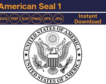 May include: Black and white graphic of the United States of America seal. The seal features an eagle with outstretched wings, holding arrows and an olive branch. The text "UNITED STATES OF AMERICA" encircles the seal. The image includes the text "American Seal 1" and file type icons.