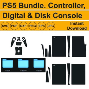 May include: A digital download of a black and white design for a PS5 console and controller skin. The design includes the PS5 logo and the words "PS5 Controller", "PS5 Digital Console", and "PS5 Disk Console".