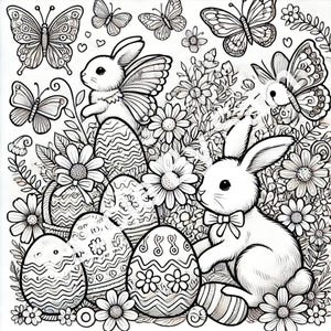 Printable Easter Coloring Page for Kids – Cute Bunny & Egg Line Art (PDF Instant Download)