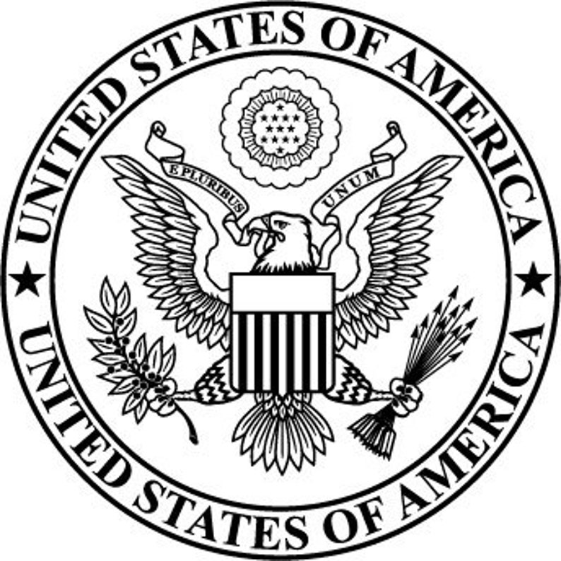May include: Black and white illustration of the Great Seal of the United States. The seal features an eagle with outstretched wings, holding an olive branch and arrows. The text "UNITED STATES OF AMERICA" encircles the seal.