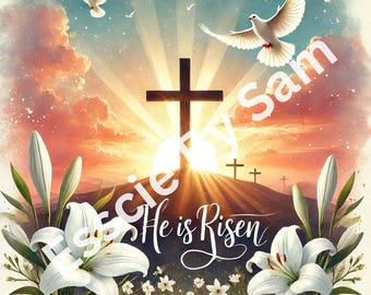 He Is Risen Wall Art – Christian Easter Printable with Sunrise & Cross (Set of 3 JPGs)