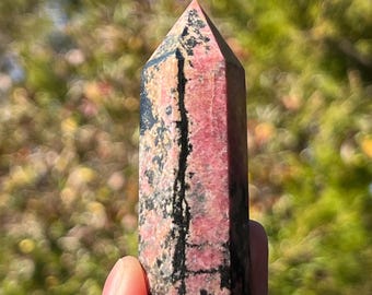 Puede incluir: Una punta de cristal de rodonita rosa y negra. La piedra pulida tiene una parte superior puntiaguda y una base rectangular. El color rosa está veteado con vetas y manchas negras. El cristal se sostiene contra un fondo verde borroso.