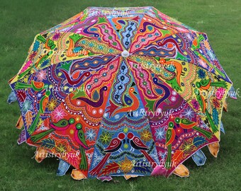 Amazing Handmade Multi Color Peacock And Parrot Design Parasol Embroidery Parasol Sun Protection Garden Umbrella Bohemian Shining Parasol