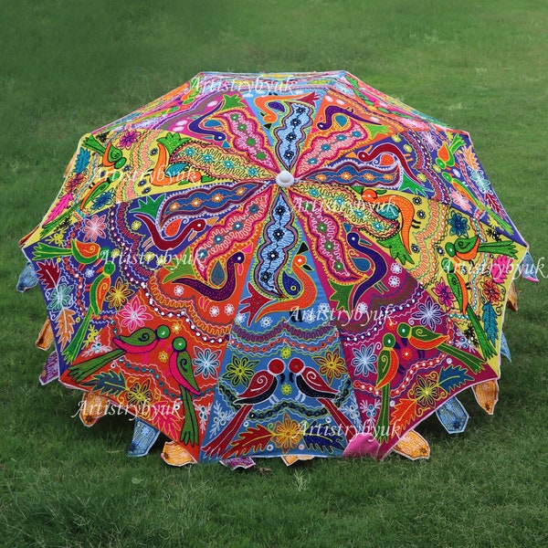 Amazing Handmade Multi Color Peacock And Parrot Design Parasol Embroidery Parasol Sun Protection Garden Umbrella Bohemian Shining Parasol