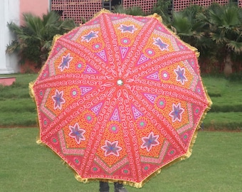 Indian Handmade Decorative Red Garden Parasol Umbrella Embroidery Parasol Unique Design Gift Garden Umbrella, Garden Parasol Umbrella Gift