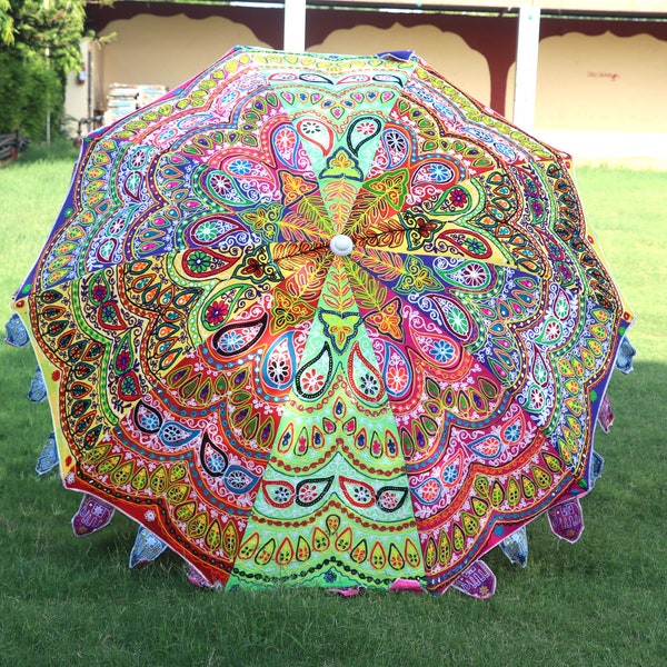 Unique Multi Color Design Parasol, Bohemian Handmade Shining Embroidery Garden Parasol Sun Protection Mirror Work Garden Umbrella