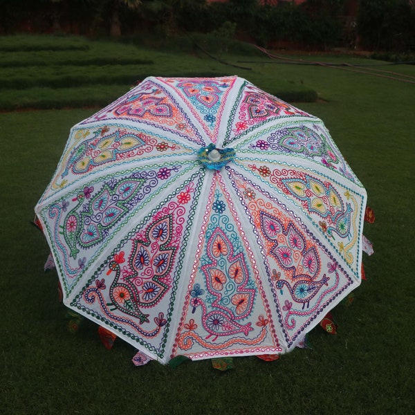 Unique Design Indian Handmade Decorative White Color Multi Color Peacock Garden Parasol Umbrella Embroidery Parasol Gift Garden Parasol Gift