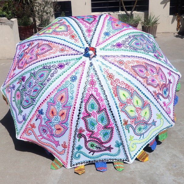Unique Design Indian Handmade Decorative White Color Multi Color Peacock Garden Parasol Umbrella Embroidery Parasol Gift Garden Parasol Gift