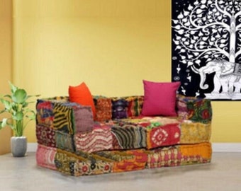 Indio Kantha vintage multicolor pequeño sofá hecho a mano patchwork decoración del hogar sofá boho 2 asientos sofá piso sofá pequeño Majlis sofá cama