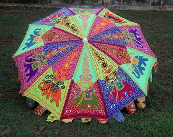 Indien fait à la main décoratif multi couleur éléphant impression jardin parasol parapluie broderie parasol cadeau jardin parasol cadeau protection solaire