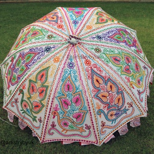 Beautiful Decorative Large Garden and Sun Umbrella Beach Cafe Outdoor, Garden Cotton Shade Patio Umbrella Peacock design With Mirror Work