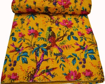 Coton indien jaune oiseau imprimé kantha couette Literie jeter canapé couvre-lit couvre-lit taille unique couverture vintage faite à la main