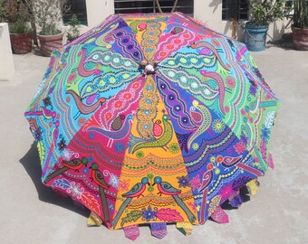 Verbazingwekkende handgemaakte meerkleurige parasol met pauwen- en papegaaienontwerp, geborduurde parasol, zonwering, tuinparaplu, Boheemse glanzende parasol