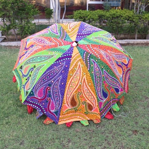 Decorative Patio or Garden Parasol Umbrella with Peacock Embroidery Design Handmade Indian Garden Umbrella Wedding Hotal Party Decor Gift