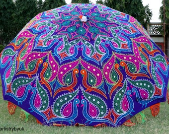 Grand parasol de jardin décoratif pour l'extérieur, le jardin, le café de plage avec motif paon et beau miroir de travail, parapluie de jardin mandala
