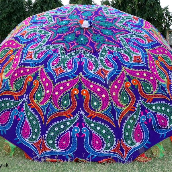 Decorative Garden Umbrella Big Parasol For Outdoor, Garden, Beach Cafe With Peacock Design And Beautiful Mirror Work Garden Umbrella Mandala