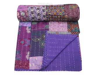 Indian Handmade Patchwork Kantha Quilt Purple Color Pure Cotton Ethnic Art Bedspread Kantha Gudari Bohemian Blanket Throw