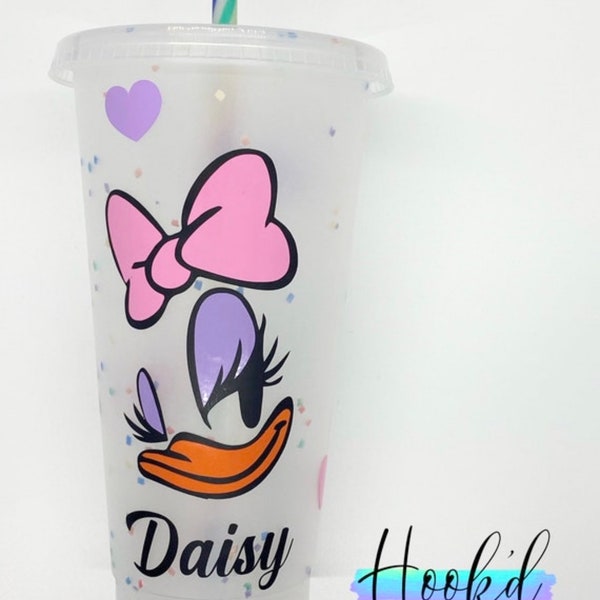 Disney Daisy Duck inspired Confetti colour changing Cold Cup/Tumbler. Can be personalised. Great for a gift.