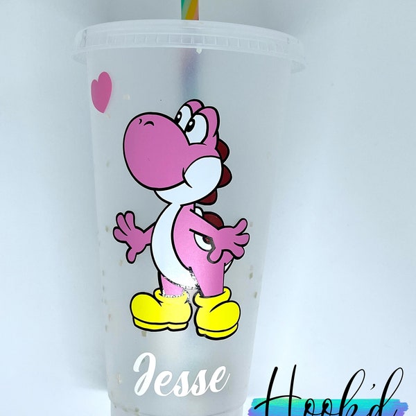 Mario Inspired Pink Yoshi Confetti/Glitter Cold Cup Tumbler. Can be personalised. Straw Topper Optional. Great gift idea.