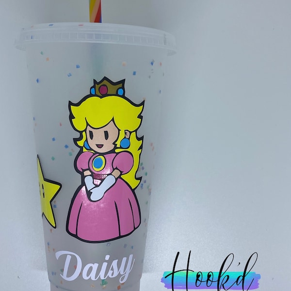 Mario Inspired Princess Peach 24oz Confetti/Glitter Cup. Many Colours. Can be personalised. Straw Topper Optional. Great gift idea.