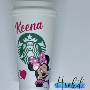 Disney inspired Minnie Mouse Starbucks reusable Coffee Cup/Hot Cup. Can be personalised. Great gift idea.