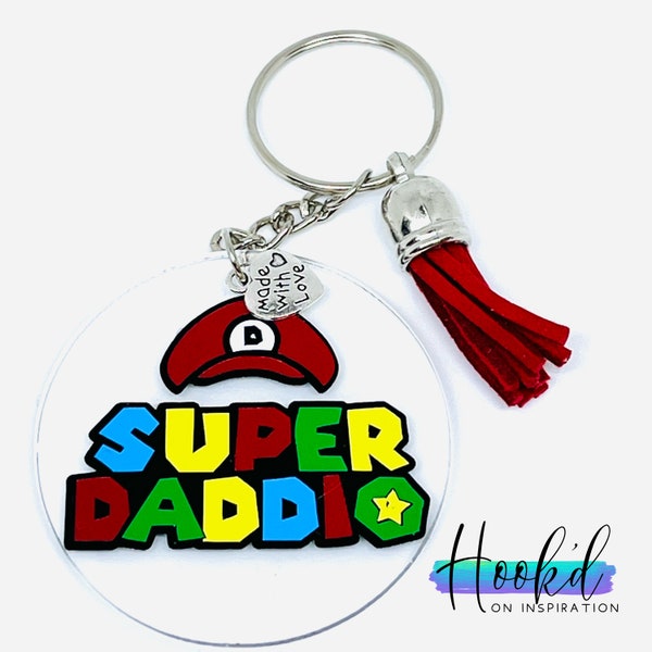 Mario Inspired Super Daddio Keyring/Keychain.  Great Birthday, Christmas gift. Trolley Yoken Optional.